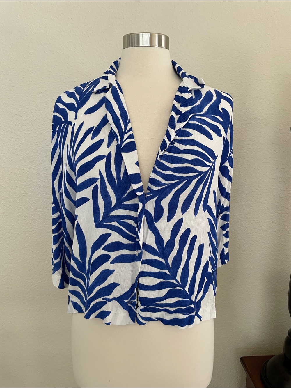 Blue and White Tropical Print Button Front Top